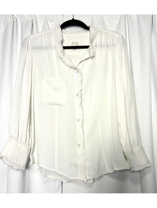 McGuire Denim Tops - McGuire White Ruffle Fringe Hem Mockneck Button Down Blouse Size Small $178